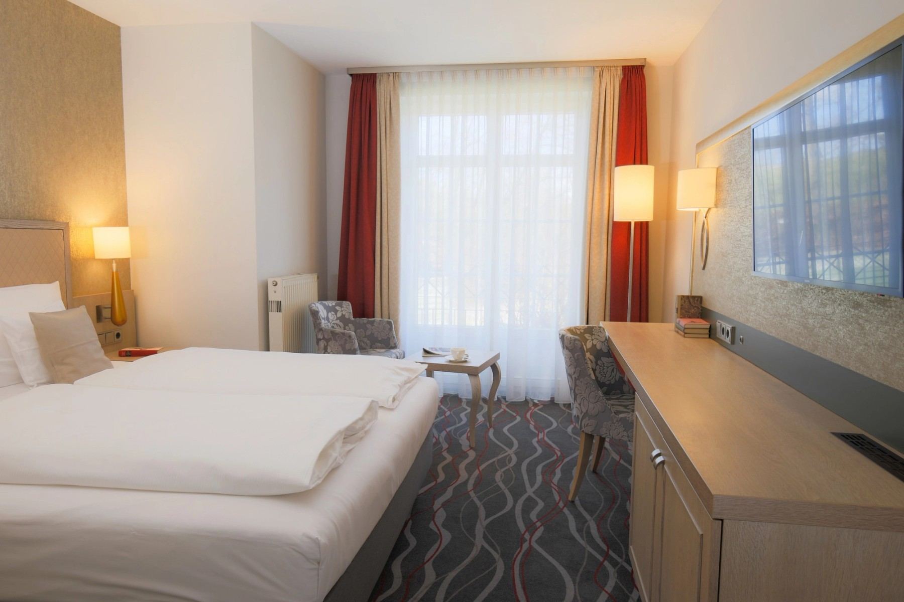 Hotel room with two single beds
