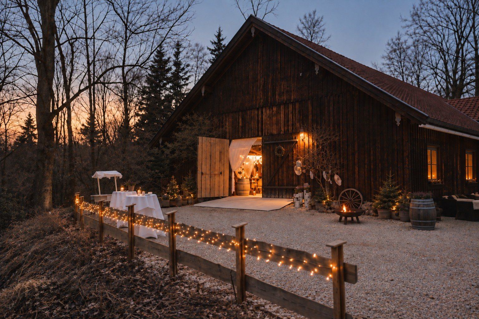Die EVENTSCHEUNE im Winter mit Lichterkette und Feuerschalen in der Dämmerung